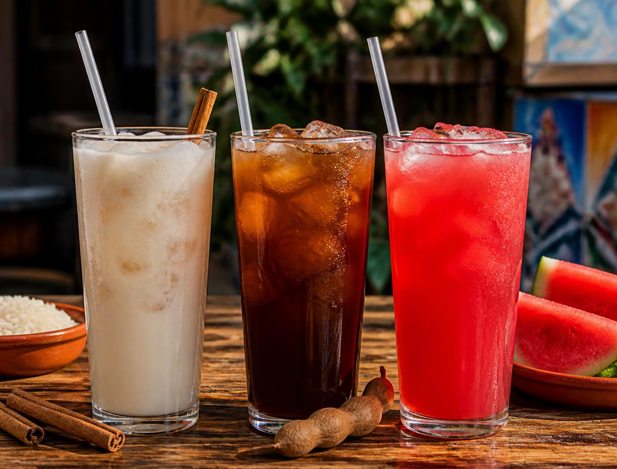 Horchata, tamarindo and watermelon aguas frescas in tall glasses