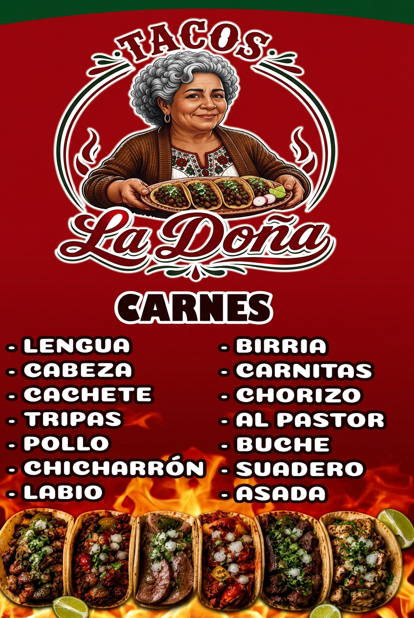 El menú de carnes de Tacos La Doña en el camión