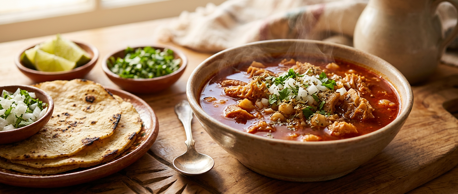 Bowl of menudo with onion, cilantro, oregano, lime and warm tortillas
